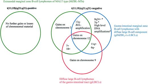 Fig. 1. Hypothetical grouping of mucosa-associated B-cell lymphomas on the basis of molecular cytogenetics. / “+” refers to gains and “−,” to losses of chromosomal material on the given chromosomal region; “*” refers to aberrations significantly more frequent in giMZBLplusLBCL. (Figure slightly modified from Barth et al,2 ©2001 Wiley-Liss Inc, a subsidiary of John Wiley & Sons. Used by permission.)