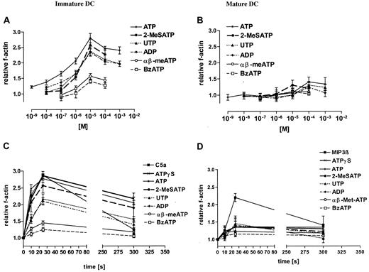 Fig. 3. Stimulation with nucleotides induces actin polymerization in immature but not mature DCs. / (A) Nucleotide dose-dependency of f-actin polymerization in immature DCs. (B) Nucleotide dose-dependency of f-actin polymerization in mature DCs. (C) Time course of f-actin polymerization in immature DCs (nucleotide concentration was 10−4 M; C5a was 10−8 M). (D) Time course of f-actin polymerization in mature DCs (nucleotide concentration was 10−4 M; MIP-3β was 10−8 M). The relative f-actin content was determined at the indicated time points by flow cytometry. Data are expressed as mean ± SEM (n = 4).