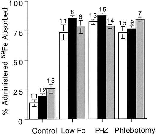 Fig. 4. 59Fe absorption in mice with reduced iron stores or accelerated erythropoiesis. / Iron deficiency was induced by maintaining weanling mice (4 weeks of age) on iron-deficient diets for 7 weeks. Control mice of all genotypes were 10 to 11 weeks of age. Erythropoiesis was induced either by treating mice with phenylhydrazine (PHZ) or by phlebotomy.59Fe was administered by gavage and percentage administered iron absorbed was determined as described in “Materials and methods.” Open bars show results for wild-type mice (+/+); black bars, Hfe knockout mice (−/−; shaded bars, C282Y knockin (Y/Y). Error bars represent SEM. The number of animals in each group is shown above columns.