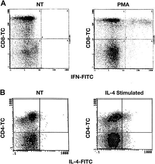 Fig. 1. Detection of IFN-γ and IL-4 after stimulation of normal lymphocytes. / PB lymphocytes from healthy donors were stimulated with either PMA and calcium ionomycin or with IL-4 and were then surface stained with CD4-TC or CD8-TC mAbs, and finally intracellularly stained with IFN-γ mAb (panel A) or IL-4 mAb (panel B) as described in “Patients, materials, and methods.” Scattergrams demonstrate staining in stimulated lymphocytes, but no staining in unstimulated cells (not treated; NT).
