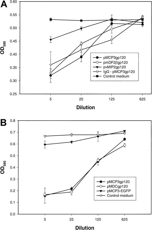 Fig. 3. Effect of plasmid DNA immunizations with gp120 fused with MCP-3 or β-defensin 2. / Plasmid DNA immunizations with gp120 fused with MCP-3 or β-defensin 2 elicit HIV-1 Env–neutralizing antibodies. Titrated amounts of pooled sera from mice immunized with pMCP3gp120, pmDF2βgp120, and pvMIP2gp120 (panel A), or with pMCP3gp120, pMDCgp120, and pMCP3-EGFP (an irrelevant MCP-3 fusion protein expressing plasmid) (panel B) were incubated with Tf228 cells, which express HIV LAI envelope glycoprotein, and SupT1 cells, which express human CD4 and CXCR4. Control samples (100% fusion) contained 5% sera from untreated mice (control medium). Fusion was measured by the amount of β-galactosidase activity in the cell lysates of fused cells at OD595. Total serum immunoglobulin was purified from pMCP3gp120-vaccinated mice on protein G–Sepharose and also tested for its ability to inhibit cell fusion, after normalization to anti-gp120 Ab content (IgG-pMCP3gp120). These results are representative of 3 independent experiments involving 5 mice per group.