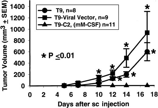 Fig. 1. Fisher 344 rats will reject the mM-CSF bearing T9-C2 cells. / Tumor cells, T9 parental, T9 viral vector, and T9-C2 (2 × 105) were injected subcutaneously and monitored for the next 3 weeks. An asterisk indicates that the P value between the rats injected with the T9-C2 cells and the other rats treated with the T9 cells was less than or equal to .01.