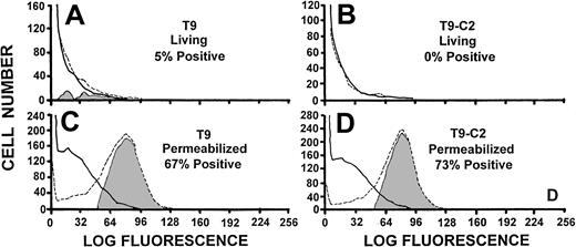 Fig. 4. Intracellular flow cytometry of T9 and T9-C2 cells making CINC (IL-8). / One million T9 and T9-C2 cells were allowed to react with the anti–IL-8 antibody or isotypic control antibody. Nonpermeabilized cells are shown in panels A (T9) and B (T9-C2) and permeabilized cells in panels C (T9) and D (T9-C2). Ten thousand cells were analyzed on the flow cytometer.