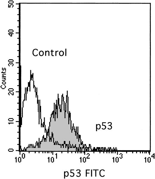 Fig. 1. Flow cytometric analysis of p53 protein expression in case 7 of Table 1. / In an indirect staining protocol, a monoclonal antibody (clone DO-7), which recognizes an epitope comprising amino acids 20-25 of the p53 molecule, was used for detection of p53 expression. An isotypic control was used as the first layer followed by a second layer, FITC-conjugated sheep antimouse IgG F(ab′)2.
