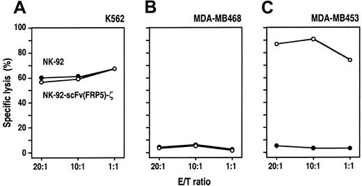 Fig. 2. Cytotoxic activity of NK-92-scFv(FRP5)-ζ cells. / Lysis of K562 human erythroleukemic cells (A), ErbB2-negative MDA-MB468 (B), and ErbB2-overexpressing MDA-MB453 human breast carcinoma cells (C) by NK-92 and transduced NK-92-scFv(FRP5)-ζ cells was analyzed in europium (Eu3+) release assays. Target cells were labeled with Eu3+ solution by electroporation and then incubated with NK-92-scFv(FRP5)-ζ (○) or parental NK-92 cells (●) at different E/T ratios for 2 hours. Release of Eu3+ complexes into the medium was determined by fluorimetric analysis and served as a measure for target-cell lysis. Specific lysis was calculated as described in “Materials and methods.”