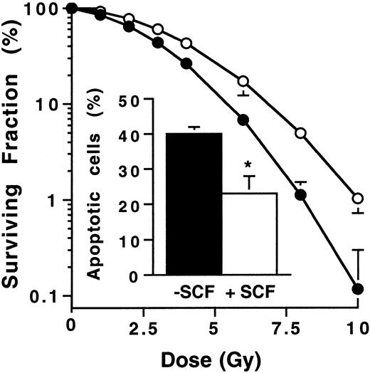 Fig. 1. Role of SCF pretreatment on irradiated Ba/F3-Kit cell clonogenicity. / Cells were pretreated (○) or not (●) with SCF (200 ng/mL for 30 minutes) and then seeded in flat-bottom 96-wells plates at a density of 10 cells/well. Cells were irradiated at a dose ranging between 0 and 10 Gy. Colonies were counted after 1 week of culture. Results are the mean ± SD of 3 independent experiments. The insert shows the effect of SCF on apoptosis of irradiated Ba/F3-Kit cells. SCF-stimulated or unstimulated Ba/F3-Kit cells were irradiated at 4 Gy and morphology was examined by fluorescence microscopy after DAPI staining at 24 hours. Results are the mean ± SD of 3 independent experiments (*P < .05).