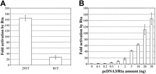 Fig. 1. HHV-8/KSHV Rta activates the hIL-6 promoter in a reporter system. / (A) Activation of the hIL-6 promoter by Rta in 2 different cell lines. Reporter plasmid phIL6-1200/SEAP (20 ng), pRL-CMV (2 ng), filler DNA (720 ng; plasmid DNA that lacks a mammalian promoter/enhancer), and either pcDNA3/Rta or pcDNA3 (50 ng) were transfected into 293T or R1T cells. Supernatants and cells were harvested at 48 hours after transfection and were assayed for SEAP and Renillaluciferase activities, respectively. SEAP activities from the hIL6 promoter were normalized to the corresponding Renillaluciferase activities. Fold activation by Rta was calculated by comparing the normalized SEAP activity stimulated by Rta to that by pcDNA3. (B) Dose-dependent activation of the hIL-6 promoter by Rta in 293T cells. Cells were transfected with 20 ng phIL6-1200/SEAP, 2 ng pRL-CMV, 720 ng filler DNA, and an increasing amount of pcDNA3/Rta (0-50 ng) and a correspondingly decreasing amount of pcDNA3 (50-0 ng) so that the total amount of pcDNA3 vector backbone remained the same. Reporter activities were assayed at 48 hours after transfection; fold activation by different amounts of pcDNA3/Rta was calculated by comparing the normalized SEAP activities to that stimulated by 0 ng pcDNA3/Rta and 50 ng pcDNA3.