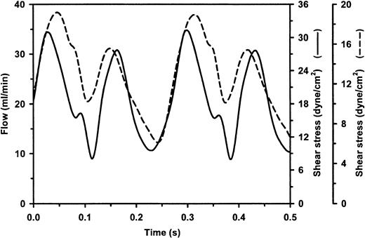 Fig. 2. Characterization of unidirectional pulsatile flow in the artificial capillary flow system and parallel plate flow chamber. / The time-dependent change in flow was measured in the artificial capillary flow system (solid line) and parallel plate-type flow chamber (dashed line) as described in “Materials and methods,” revealing a unidirectional sinusoidal pulsatile flow profile. Flow is expressed in mL/min and was used to calculate the corresponding wall shear stress in the artificial capillaries (330 μm diameter) and parallel plate chamber (550 μm height; 0.98 cm wide) expressed in dyne/cm2 on 2 separate axes. Calculated mean, minimal, and maximal shear stresses were 19, 8, and 32 dyne/cm,2respectively, for the artificial capillaries and 12, 6, and 19 dyne/cm,2 respectively, for the parallel plate flow device.