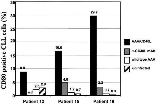 Fig. 6. Transactivation of bystander CLL cells after coincubation with CD40L-transduced CLL cells. / CLL cells (1 × 105) transduced with AAV/CD40L were coincubated with equal amounts of naive CLL cells labeled with a fluorescence dye (CellTracker). CD80 expression on naive bystander leukemic cells was detected 72 hours later by flow cytometry (black bars). In control assays anti–murine CD40L mAb was added to the mixture of transduced and bystander CLL cells before CD80 expression was detected 72 hours later (gray bars). As further controls uninfected (striped bars) or wild-type AAV-infected cells (open bars) were used for stimulation of bystander CLL cells.