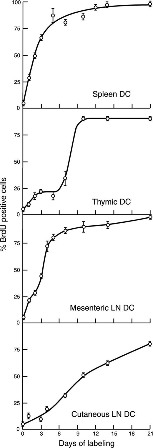Fig. 2. BrdU-labeling kinetics of the total DC population of different lymphoid organs. / BrdU was administered continually to groups of 4 to 6 mice, and the DCs were isolated at different times from the different pooled lymphoid organs. DCs were surface stained for DC markers, then permeabilized and stained for BrdU incorporated into DNA. DC suspension was then analyzed by flow cytometry, gating for CD11c+MHC class IIhi DCs. Percentages of DCs labeled with BrdU were then determined from profiles similar to those in Figure 1. A parallel group of control mice without BrdU administration provided the DCs for the background control. Results represent pooled data from 3 to 5 separate kinetic experiments. The point near zero time was a 2-hour pulse of BrdU, which should label any DC in cell cycle; later points represent the accumulation of labeled cells from dividing precursors.