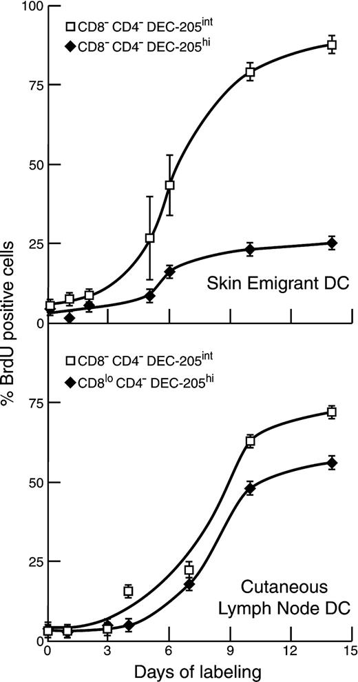 Fig. 5. Comparison of the BrdU-labeling kinetics of potential skin emigrant DCs with the corresponding DC subtypes in skin-draining LN. / At various times after the administration of BrdU to mice, the incorporation of label into cutaneous LN DCs was determined as in Figure 4. At similar times (and usually from the same mice), the ear skin was removed, then cultured in a medium containing 6Ckine. DCs exiting over a 2-day period were collected and separated into the 2 subtypes, and the incorporation of BrdU was determined. Results for the skin emigrant DCs represent pooled data from 3 separate kinetic experiments.