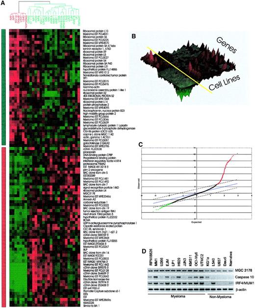 Fig. 5. Genes showing differential expression between myeloma and nonmyeloma cell lines. / Two-class SAM11 analysis was used to identify the genes differentially expressed in the myeloma and nonmyeloma cell lines. Using a false discovery rate of 0.5%, 94 genes were selected. Those genes showing statistically significant differences between the 2 groups are shown as a cluster image. (A) Two-dimensional heat map view. The dendrogram (top) indicates nonmyeloma hematopoietic cell lines (5 lymphoma and 1 leukemia) in red and myeloma cell lines in green. The myeloma cell lines cluster together, as do the nonmyeloma cell lines. The bar on the left of the 2-dimensional heat map indicates down-regulated genes in myeloma in green and up-regulated in red. The color at each position indicates the level of gene expression for a single cDNA in a cell line, with red indicating high expression and green indicating low expression. (B) Three-dimensional landscape view of cluster results. This view adds the level of gene expression as an additional dimension to the 2-dimensional view. The roughness on the landscape indicated the level of variability. Myeloma cell lines are on the right of the yellow axis bar, and nonmyeloma lies on the left. (C) The SAM analysis data, which generated 279 cDNAs that are up- or down-regulated between the 2 groups of cell lines, are illustrated graphically with δ = 1.4 and a false-positive rate of 0.5%. After immunoglobulin genes and duplicate cDNAs were removed, 94 genes were used to produce the heat map shown in panel A. Of the 94 genes, 52 were ranked based on the SAM result as shown in Table 3. (D) RT-PCR analysis of selected genes confirmed differential expression of representative differentially expressed genes shown in panel A.