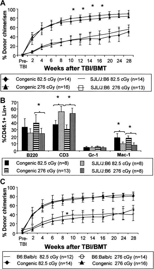 Fig. 9. Enhancement of chimerism in a mixed chimera created by IUHSCT is equivalent to that observed in naive congenic recipients. / Direct comparison of chimerism levels following TBI and BMT in allogeneic chimeras created by IUHSCT with those following congenic transplantation of a naive host (A) keeping the recipient strain constant (SJL→B6 and B6Ly5.2→B6) or (C) keeping the donor strain constant (B6→Balb/c and B6→B6Ly5.2). Analysis of multilineage engraftment in these strain combinations was performed at 24 weeks after transplantation (B). For all graphs, P < .05 when comparing congenic to allogeneic strain combination chimerism levels and multilineage engraftment levels unless indicated by an asterisk.
