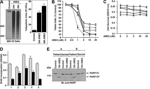 Fig. 1. Selective cytotoxicity of 2ME2 against human MM cells. / (A) MM.1S cells were treated with 2ME2 (3 μM) for the indicated times and analyzed for apoptosis by DNA fragmentation (left panel is a representative of 3 separate experiments with similar results) and flow cytometric analysis of PI− and HO+ apoptotic cells (right panel is the mean ± SD from 3 independent experiments;P < .005). (B) MTT assay was performed after incubation of MM cell lines (MM.1S, ▵; RPMI-8226, ○; LR-5, ♦; Dox-6, ⋄; Dox-40, ■; MM.1R,) with the indicated doses of 2ME2 for 72 hours. Results are mean ± SD from 5 independent experiments; P < .0001 for all cell lines. (C) Effect of treatment with 2ME2 (0-20 μM) for 72 hours on normal lymphocyte viability, assessed by MTT assay. Results are the mean ± SD of 5 independent experiments; P = 0.23 from J-T test for trend. (D) MM cells (CD138+) from 5 patients (patients 1-5) were treated with 2ME2 (9 μM) for 72 hours, followed by BrdU assay. Values are the mean ± SD of triplicate samples (P = .06); experiments were repeated 3 times with similar results. (E) 2ME2 induces proteolytic cleavage of PARP in patient MM cells. CD138+ cell from 2 MM patients and normal lymphocytes from 2 healthy donors were treated with 2ME2 (9 μM) for 72 hours and harvested, and total protein lysates were subjected to SDS-PAGE analysis. Immunoblot analysis of the lysates was performed with anti-PARP antibody. FL indicates full length; CF, cleaved fragment.