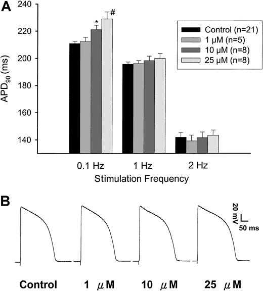 Fig. 1. ATO prolonged cardiac action potentials. / (A) Dose-dependent and frequency-dependent prolongation of APD. After action potential was stably stimulated with a frequency of 1 Hz in control condition, ATO (1 μM) was perfused and the effects were recorded. The stimulation frequency was then changed to 0.1 Hz, and then to 2 Hz. The perfusate was then shifted to that containing 10 μM ATO. The changes induced by 3 different stimulation frequencies were recorded. Finally the effect of 25 μM ATO was tested in the same way. Using conventional action potential recording technique, we demonstrated dose-dependent prolongation of APD90 in guinea pig papillary muscle by ATO when the muscle was stimulated with a frequency of 0.1 Hz. The changes in APD90 by faster frequencies (1 and 2 Hz) did not reach statistical significance. *P < .05 versus control; #P < .01 versus control. (B) A typical illustration of action potentials. ATO dose dependently prolonged action potential duration. The stimulation frequency was 0.1 Hz.