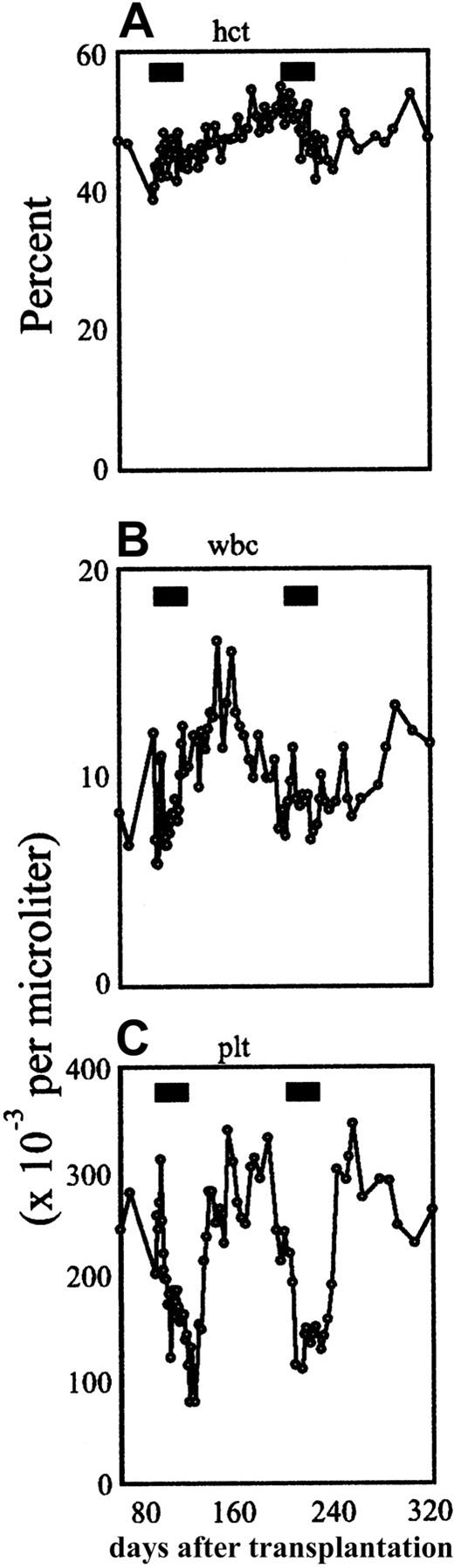 Fig. 5. Effects of AP20187 administration on hematological indices. / Time course of hematocrit (A), absolute white cell count (B), and absolute platelet count (C) in the peripheral blood in the first animal. The black bars indicate the treatment periods.