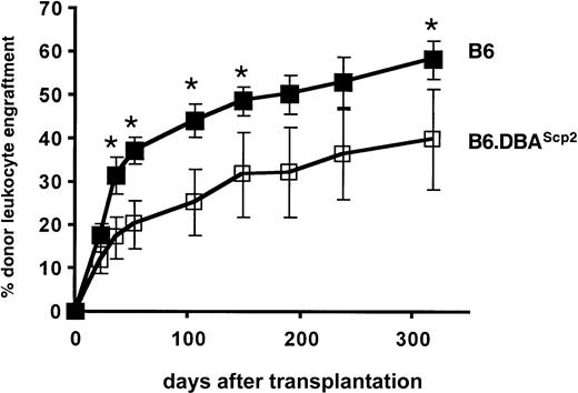 Fig. 3. Repopulation potential of transplanted stem cells is affected by the Scp2 locus on chromosome 11. / B6 or B6.DBA2Scp2 bone marrow cells were intravenously transplanted in sublethally (4 Gy) irradiated B6.SJL-CD45.1 congenic recipients. The percentage of donor-derived (CD45.2+) leukocytes was determined by flow cytometry. Data represent mean values ±1 SD from 2 independent experiments. Asterisks indicate significant differences between the 2 treatment groups (P < .05, t test).