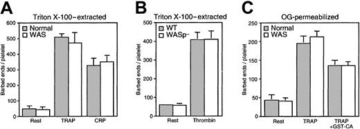 Fig. 8. Contribution of Arp2/3 complex activity to the production of actin filament barbed ends in WAS platelets. / (A) Barbed-end counts were determined in Triton X-100 lysates of normal (░) and WAS (■) platelets activated with 25 μM TRAP or 3 μg/mL CRP for 1 minute using the pyrene-labeled actin assembly assay, as indicated. (B) Barbed-end counts were determined in Triton X-100 lysates of wild-type (░) and WASp-deficient (■) mouse platelets activated with 1 U/mL thrombin for 1 minute as above. (C) Platelet isolated from healthy volunteers (░) and from WAS patients (■) were permeabilized with 0.25% OG in PHEM buffer. The number of barbed ends in OG-permeabilized platelets was determined without any addition (rest), after incubation with 25 μM TRAP for 1 minute (TRAP), or after incubation with GST-CA (3μM) followed by TRAP (TRAP+GST-CA).