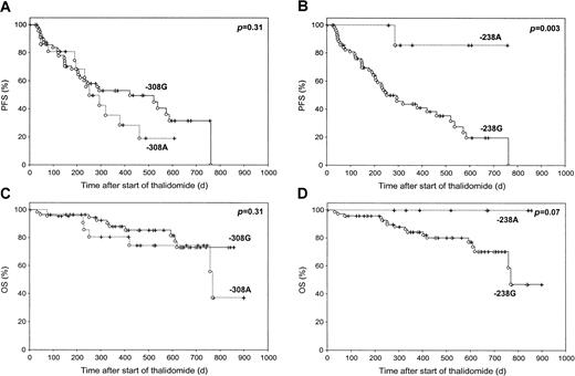 Fig. 1. Progression-free survival (PFS) and overall survival (OS) of 81 patients with relapsed and refractory multiple myeloma, characterized by their TNF-α–238A/G and TNF-α–308A/G polymorphism status. / PFS was calculated from the start of thalidomide therapy to disease progression or death from any cause. At the start of thalidomide treatment, the drug was administered at a dose of 100 mg daily, following a weekly dose increment of 100 mg daily, for a final dose of 400 mg daily beginning at day 22.