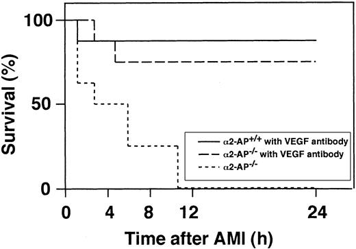 Fig. 7. Survival of mice following coronary ligation. / Percentage of surviving α2-AP+/+ and α2-AP−/− mice were plotted.