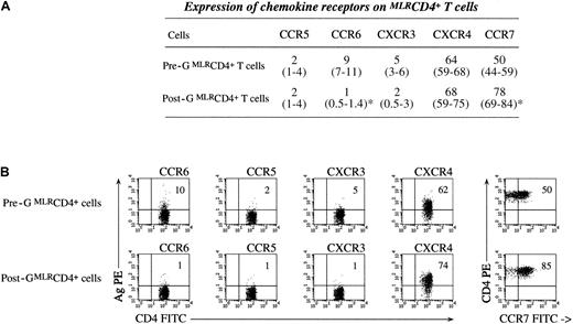Fig. 3. Expression of chemokine receptors onMLRCD4+ T cells. / Pre-G or post-G CD4+ T cells from the same donor were activated with allogeneic TCD PBMCs for 7 days in MLR at a 1:3 stimulator-responder ratio. The expression of informative chemokine receptors was then evaluated with multicolor flow cytometry. (A) Median values and ranges recorded in 6 independent experiments are shown. *P < .05 compared with pre-GMLRCD4+ T cells. (B) A representative set of experiments is depicted. Markers were set according to the proper isotypic control, and the percentage of CD4+ T cells expressing a given antigen is indicated in the upper right quadrant of each bidimensional cytogram.