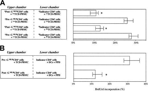 Fig. 7. Regulation of T-cell alloproliferation by post-GMLRCD4+ T cells is antigen nonspecific. / Freshly isolated pre-G and post-G CD4+ T cells from the same donor were separately primed with allogeneic TCD PBMCs from a different healthy volunteer (donor A or donor B). After 7 days, secondary cocultures were set up by placing donor A–specific or donor B–specific pre-G MLRCD4+ T cells in the lower chamber of a Transwell separated from donor A–specific post-G MLRCD4+ T cells by a semipermeable membrane. Both compartments of the secondary Transwell culture received allogeneic TCD PBMCs (donor A or donor B, as indicated in the figure) as stimulator cells and responder cells at a 1:3 ratio. Proliferation of indicator CD4+ T cells in the lower chamber of the Transwell was determined after 7 days of coculture by the addition of BrdUrd for the final 24 hours. (A) Median values and ranges recorded in 6 independent experiments are shown. *P < .05 compared with pre-GMLRCD4+ T cells. (B) Regulation of T-cell proliferation to recall antigens by post-GMLRCD4+ T cells. Freshly isolated pre-G or post-G MLRCD4+ T cells were activated with TCD PBMCs from an allogeneic donor and were cocultured with pre-G CD4+ T cells stimulated with PPD-pulsed autologous DCs (see “Patients, materials, and methods”). Proliferation of pre-G CD4+ T cells in the lower chamber of the Transwell was determined after 7 days of primary coculture by the addition of BrdUrd for the final 24 hours. *P < .05 compared with pre-G CD4+ T cells.