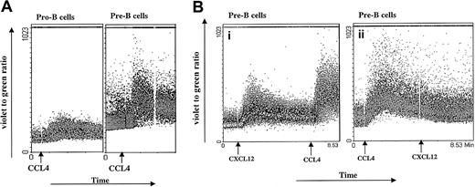 Fig. 2. Calcium mobilization. / (A) CCL4-induced calcium mobilization of B-cell subsets sorted from bone marrow. Sorted B cells were loaded with Indo-1amand stimulated at the indicated time points (arrows) with the 1000 ng/mL CCL4. The results are representative of 3 experiments using primary B cells from bone marrow. (B) Inhibition of CXCL12-induced calcium mobilization by CCL4. Pre-B cells were sequentially stimulated with 100 ng/mL CXCL12 first and then restimulated with 1000 ng/mL CCL4 (i) or first with CCL4 and then restimulated with CXCL12 (ii). The results are representative of 2 independent experiments.