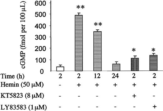 Fig. 6. Effect of hemin on cGMP levels in HN33 cells. / Cells were treated for the indicated times with 50 μM hemin, in the absence and presence of KT5823 (8 μM) or LY83583 (1 μM), and cGMP levels were measured as described in “Materials and methods.” Data are mean ± SEM from 4 experiments. *P < .05 compared with treatment for 2 hours with hemin alone (second bar from left); **P < .01 compared with control (unfilled bar).