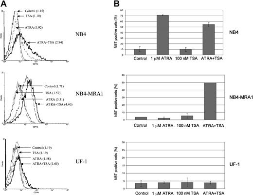 Fig. 8. Combined effect of ATRA and TSA on differentiation of the ATRA-resistant NB4-MRA1 APL cells. / (A) Expression of the differentiation marker CD11b by flow cytometry analysis. NB4, NB4-MRA1, and UF-1 APL cells were treated with 25 nM TSA, 1 μM ATRA, and the combination for 3 days. Numbers in parentheses indicate mean channel fluorescence. This experiment is representative of 3 that gave comparable results. (B) NBT reduction analysis of NB4, NB4-MRA1, and UF-1 APL cells treated with the indicated concentrations of agents for 5 days. Each data point represents the mean of 3 independent experiments, and bars denote SD.