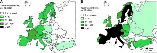Fig. 3. Transplantation rates in participating European countries in 2000. / Shades reflect number of total HSCTs (autologous and allogeneic) per 10 million inhabitants. (A) Transplantation rates in 1990. (B) Transplantation rates in 2000.