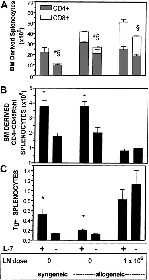 Fig. 5. Thymopoietic effects of IL-7 are abrogated by GVHD. / B6/Ly 5.1 and B6C3F1 hosts (n = 5-8 per group) were lethally irradiated and received 10 × 106 cells of a 50:50 mixture of TCD B6/Ly5.2 and HY-TCR Tg+ BM. Treated animals received IL-7, 5 μg/d on day 1 to day 28 after BMT with analysis performed between 28 and 35 days after BMT. Each subset was defined as delineated in “Materials and methods” using 4-color flow cytometry. In the top panel, differences with P < .05 are noted by an * for CD4+ and by a § for CD8+ T cells. In the middle and lower panels, * denotes differences with P < .05.