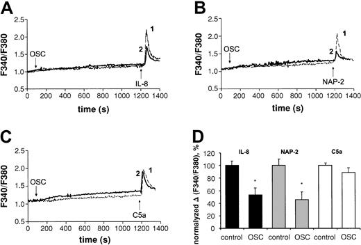 Fig. 2. Effect of phagocytic stimulation with opsonizedSaccharomyces cerevisiae (OSC) on Ca++mobilization induced by IL-8, NAP-2, or C5a in human neutrophils. / (A-C) PMNs were treated with Fura-2 am and incubated alone (line 1) or treated with OSC (line 2) for 20 minutes, followed by the addition of IL-8 at 75 ng/mL (panel A), NAP-2 at 75 ng/mL (panel B), or C5a at 100 ng/mL (panel C). Levels of Ca++ are presented as fluorescence ratio determined from background-corrected fluorescence exited alternately at 340 and 380 nm (F340/F380). Panels A, B, and C are based on data of one representative experiment. (D) Mean ± SD of percentages of Ca++influx in response to IL-8 (n = 11), NAP-2 (n = 7), or C5a (n = 7) in phagocytosing neutrophils compared with control cells. The statistical differences between groups were determined by the Student t test, with P < .05 considered significant. *P < .05 versus untreated incubated control.