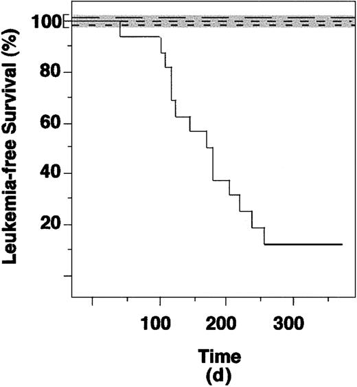 Fig. 2. PML-RAR causes leukemias in mice. / Leukemia-free survival curves of mice reinoculated with lin− cells from control (not infected or infected with the empty vector), RAR, and PML-RAR–expressing cells. Continuous line indicates PML-RAR mice; long dashes, uninfected; medium dashes, empty vector; short dashes, RAR. The control curves overlap, because none of the recipient mice developed leukemias. To allow visualization of the 3 curves we have expanded the area in the graph corresponding to 100% leukemia-free survival (shaded area).