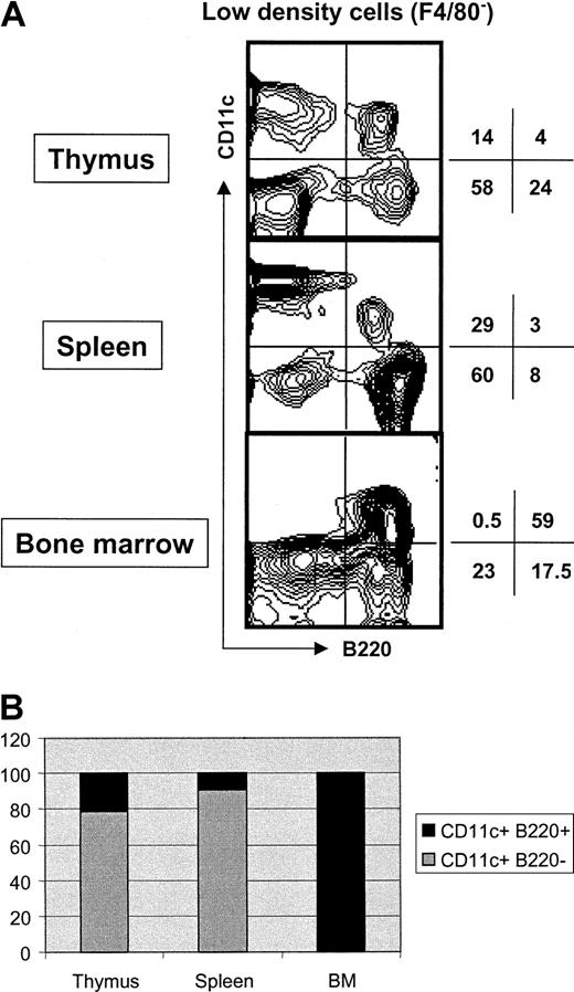 Fig. 1. Analysis of CD11c+ B220+ cells in different lymphoid tissues. / (A) LDF was prepared from the indicated tissues. Four-color staining was performed with anti-F4/80–Cy5, anti-CD11c–FITC, anti-B220–CyChrome, and anti- MHCII–PE. Contour plots correspond to CD11c versus B220 expression after gating out F4/80+ cells. MHCII expression by CD11c+ B220+ cells was very low compared with CD11c+ B220− or CD11c− B220+ cells (data not shown). Numbers indicate percentage of cells in the respective quadrant. The data are representative of 3 independent experiments. (B) Bar diagram showing the relative proportion of DCs and PDCs among CD11c+ cells in the indicated lymphoid tissue. The data are representative of 3 independent experiments.