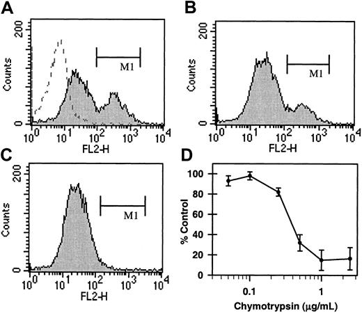 Fig. 1. Chymotrypsin sensitivity of COAT-platelets. / Gel-filtered platelets were activated with both convulxin and thrombin in the presence of b-BSA-(5-HT)6 and stained with phycoerythrin-streptavidin.7 (A) COAT-platelets6 bind b-BSA-(5-HT)6 (filled histogram; region M1) while resting platelets do not (dashed histogram). (B) A brief exposure of platelets to chymotrypsin prior to activation has only a modest effect on b-BSA-(5-HT)6binding. However, chymotrypsin treatment after activation essentially eliminates retention of b-BSA-(5-HT)6 (C; region M1). (D) The concentration dependence for chymotrypsin (abscissa) inhibition of COAT-platelet production (ordinate).