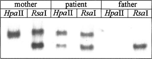 Fig. 4. Analysis of X chromosome inactivation. / DNA was isolated from PBMCs and after restriction digestion with eitherRsaI and HpaII or RsaI alone, was amplified using primers specific for the sequences flanking methylation sensitive restriction sites in exon 1 of the androgen receptor gene. Amplified products were electrophoresed on nondenaturing gel and detected by silver stain. In the RsaI digest both active (unmethylated) and inactive (methylated) alleles are amplified, whereas after HpaII digest only inactive allele is amplified. Random X inactivation is identified by presence of 2 bands afterHpaII digestion; this pattern was found for the patient. In contrast, the patient's mother has only one band, indicating nonrandom inactivation. As anticipated, only one band was found inRsaI digests of the father's DNA.