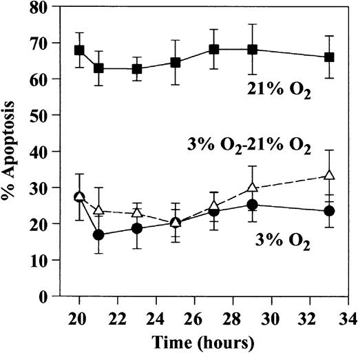 Fig. 3. Ability of prolonged hypoxic exposure to impair the subsequent rate of neutrophil apoptosis following reoxygenation. / Neutrophils were incubated for 20 to 30 hours in 21% (▪) or 3% (●) oxygen, and apoptosis was assessed morphologically on cytocentrifuge preparations. In addition, the extent of apoptosis was assessed in cells initially incubated in 3% oxygen for 20 hours before transfer to 21% oxygen (▵). Data are expressed as mean ± SEM of 5 separate experiments, each performed in triplicate.