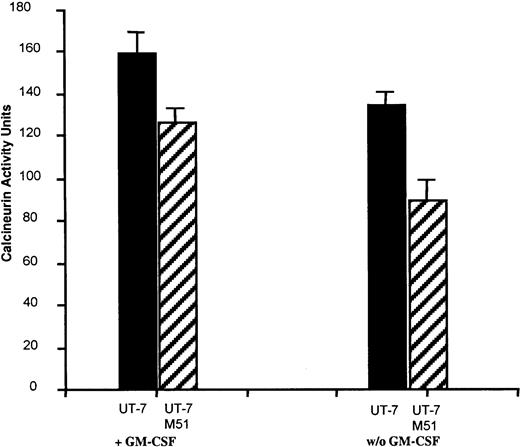 Fig. 5. Calcineurin activity in UT-7/Mpl cells. / Calcineurin activity was measured in 1.5 × 105 UT-7/Mpl EGFP cells or cells overexpressing FKBP51 cultured with or without GM-CSF. Three independent experiments were performed in triplicate. Results represented the mean of these experiments. These results are similar to those obtained with normal lymphocytes for the EGFP UT-7 cells and with FK506 or CsA-treated patients lymphocytes for the FKBP51 overexpressing cells.20