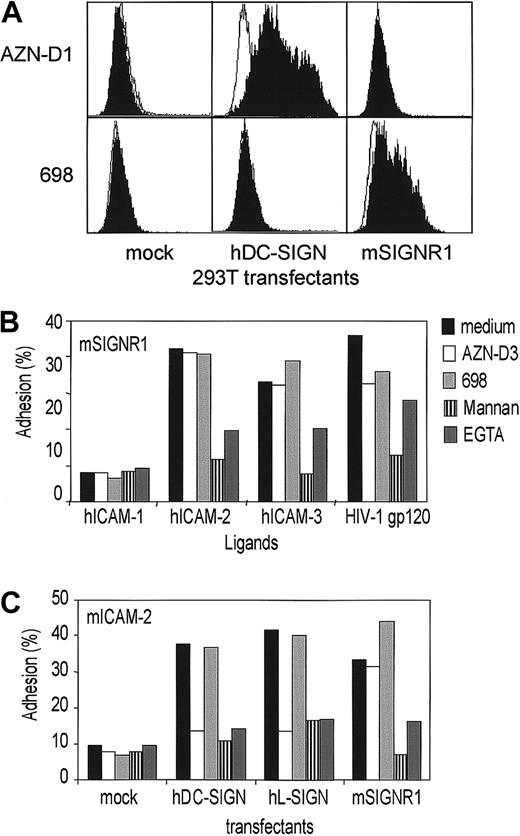 Fig. 2. mSIGNR1 binds both mouse ICAM-2 and HIV-1 gp120, similar to both hDC-SIGN and hL-SIGN. / (A) Polyclonal antibodies against mSIGNR1 stain 293T cells transfected with mSIGNR1 cDNA. 293T cells were transfected with different cDNAs and subsequently stained with antibodies against hDC-SIGN (AZN-D1; filled histogram) and mSIGNR1 (698; filled histogram). Isotype controls are shown as open histograms. One representative experiment of 3 is shown. (B) mSIGNR1 binds human ICAM-2, ICAM-3, and HIV-1 gp120 but not human ICAM-1, similar to hDC-SIGN and hL-SIGN. The adhesion of 293T cells transfected with mSIGNR1 to the ligands was determined using the fluorescent bead adhesion assay. Specificity was determined in the presence of blocking antibodies (AZN-D2, 20 μg/mL), mannan (5 μg/mL), or EGTA (5 mM). Cells were also preincubated with the polyclonal antibody against mSIGNR1 (1:10). One representative experiment of 3 is shown. (C) mSIGNR1 binds murine ICAM-2 with high affinity, similar to hDC-SIGN and hL-SIGN. The adhesion assay was performed as described in panel B. One representative experiment of 3 is shown.