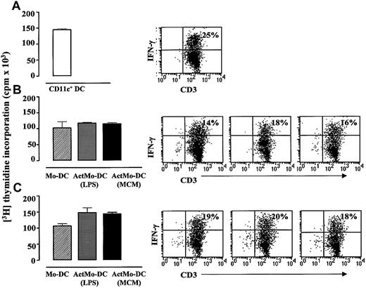 Fig. 6. IFN-γ production in T lymphocytes in the allogeneic MLR induced by blood CD11c+ DCs, Mo-DCs, and ActMo-DCs. / Allogeneic CD45RA+CD4+ T-lymphocyte proliferation and intracellular IFN-γ production induced by 1 × 104 (A) blood CD11c+ DCs, (B) Mo-DCs and ActMo-DCs (produced in RPMI/5% AS, GM-CSF 200 U/mL, IL-4 50 U/mL and activated with LPS or MCM), (C) Mo-DCs and ActMo-DCs (produced in RPMI/1% AS, GM-CSF 1000 U/mL, IL-4 1000 U/mL and activated with LPS or MCM) (DC/T ratio; 1:10). The percentages of T lymphocytes producing IFN-γ are indicated on the dot plots. One representative experiment from the 3 experiments performed is shown.
