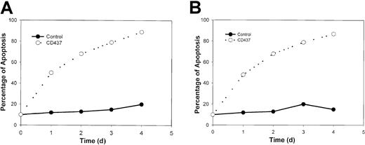 Fig. 10. CD437 induction of apoptosis in primary cultures of ALL cells. / ALL cells were harvested and exposed to 1μM CD437 for varying times, and the percentage of apoptotic cells was determined as described in “Materials and methods.” Panels A and B represent separate samples. The percentage of apoptotic cells is the mean of 3 different determinations. The standard deviation was less than 10%.