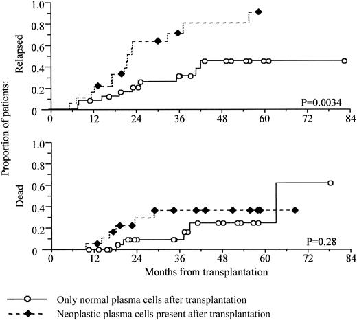 Fig. 3. Prediction of early relapse from the presence of neoplastic plasma cells at 3 months after transplantation. / The presence of neoplastic plasma cells at 3 months after transplantation predicts early relapse. Kaplan-Meier analysis of progression-free and overall survival, comparing patients with detectable neoplastic plasma cells at 3 months after transplantation against those with only normal plasma cells present. Survival is shown from time of transplantation.