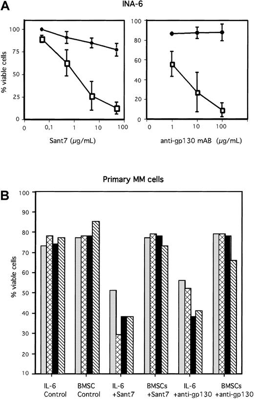 Fig. 1. BMSCs protect MM cells from apoptosis induced by Sant7 or an anti-gp130 mAb. / The IL-6–dependent MM cell line INA-6 (A) and primary MM cells derived from 4 different patients (B) were treated with Sant7 (50 μg/mL) or with a blocking anti-gp130 mAb (100 μg/mL) either (with 2 ng/mL IL-6) in the absence or presence of primary BMSCs derived from 3 different donors (see “Materials and methods”). After incubation periods of 3 days (INA-6) or up to 7 days (primary MM cells), apoptosis was analyzed by annexin V-FITC/PI staining. Fraction of viable cells, negative for both annexin V and PI, is indicated as percentage of untreated control (A) or as percentage of total cells (B). SDs of 3 independently performed experiments (INA-6/BMSC#1, INA-6/BMSC#2, INA-6/BMSC#3) are shown in panel A). Panel A: ● indicates +BMSCs; ■, −BMSCs. Panel B: ░ indicates patient 1; ▩, patient 2; ▪, patient 3; and ▧, patient 4.
