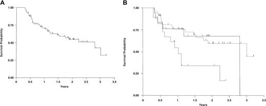 Fig. 1. Kaplan-Meier survival curves. / (A) Kaplan-Meier survival curve of all 81 patients who received DLIs. (B) Kaplan-Meier survival of 81 patients who received DLIs in the favorable, intermediate, and poor remission status groups. Favorable is shown by unbroken line; intermediate, dotted broken line; and poor, dashed broken line. This figure graphically portrays the significantly worse survival of the poor remission status group compared with the other 2 groups.