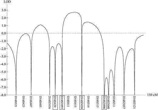 Fig. 1. Results of the initial genome scan for chromosome 16. / Multipoint LOD scores of the FMFD phenotype in family A (see Figure 2A) were calculated with GENEHUNTER 3.0 and plotted against the Genethon microsatellite map. Markers highlighted with boxes represent backbone markers, which are also shown in Figure 2.