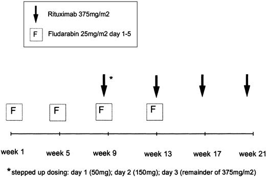 Fig. 1. Treatment schema of fludarabine in combination with rituximab. / Patients received 4 cycles of fludarabine and 4 rituximab infusions, starting with 2 cycles of fludarabine 25 mg/m2/d, days 1 to 5 every 28 days. The first rituximab infusion was administered on days 1 to 3 as a stepped-up dosing.