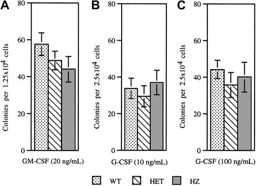 Fig. 5. Colony-forming assays. / Bone marrow cells isolated from wild-type, heterozygous, and homozygous V72M NE mice were plated in methylcellulose in the presence of 20 ng/mL GM-CSF (A), 10 ng/mL G-CSF (B), or 100 ng/mL G-CSF (C). A minimum of 4 mice were used for each genotype in each condition. Data represent the mean ± SEM.