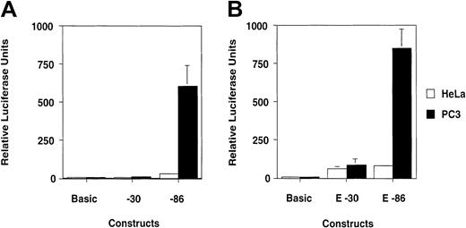 Fig. 7. Transient transfections of HeLa and PC3 cells with luciferase reporter constructs driven by the −30 or −86 region of the human uPA promoter. / The sequences between −86 and +32 (−86 construct) and between −30 and +32 (−30 construct) driving transcription of the luciferase reporter gene are shown in Figure 1. (A) Transient transfections in HeLa and PC3 cells, showing the broad effect of the −86 construct in PC3 cells. (B) Transfection of HeLa and PC3 cells with constructs carrying the uPA enhancer (E −30 and E −86) cloned upstream of the −30 or −86 region. The contribution of the enhancer to transcriptional activation of the reporter construct in PC3 cells is marginal as compared to the effect of the proximal promoter alone (compare A and B).
