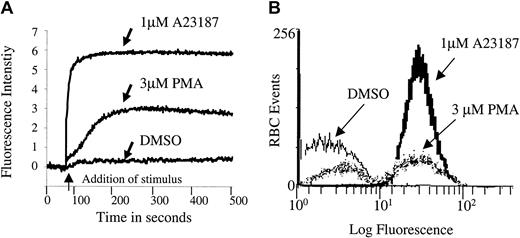Fig. 1. PMA induces a rapid calcium influx in Fluo-3/am–loaded erythrocytes. / Cell suspensions of Fluo-3/am–loaded RBCs at 0.8% HCT were treated with 3 μM PMA, 1 μM A23187, or DMSO (negative control). Calcium influx was measured by both (A) fluorescence spectroscopy and (B) flow cytometry. Tracings representative of 11 different donors are shown.