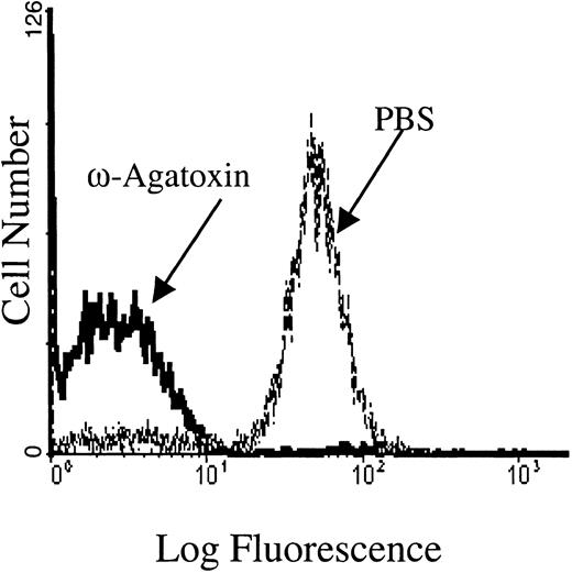 Fig. 6. The PMA-induced calcium influx is inhibited by ω-agatoxin-TK, a P-type calcium channel blocker. / Flow cytometry tracings are shown for Fluo-3/am–loaded RBC cell suspensions pretreated with 1 μM ω-agatoxin-TK and then stimulated with 3 μM PMA. Pretreatment of Fluo-3/am–loaded RBCs with PBS (the agatoxin-TK solvent) showed no inhibition of calcium uptake. Tracings representative of 4 different donors are shown.